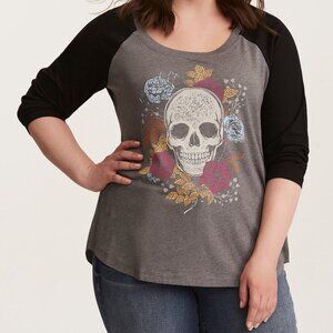 Torrid Skull Raglan Baseball Tee Shirt 3/4 Sleeve Plus Size 3 (22-24)